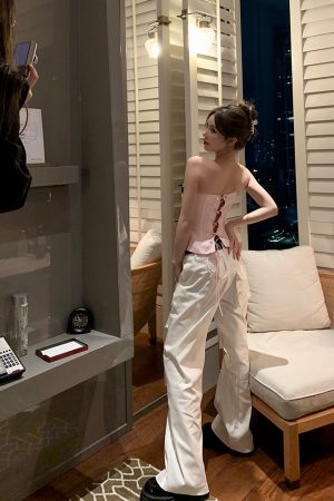 Strapless Pink Fishbone Bow Slim-Fit Waist-Cinching Top for Trendy Girls - Y2K Fashion Inspired Style