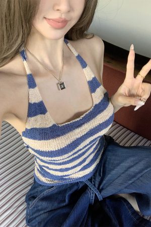 Striped Backless Halter Summer Vest Top in Ice Silk - Slim Fit Sea Salt Cool Breeze Style for Trendy Summer Looks