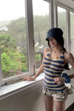 Striped Backless Halter Summer Vest Top in Ice Silk - Slim Fit Sea Salt Cool Breeze Style for Trendy Summer Looks