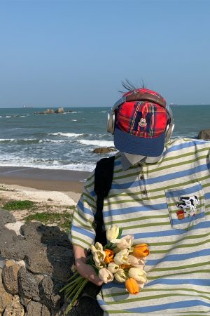 Striped Cow Embroidery Polo T-Shirt for Men and Women, Summer Loose Fit Short Sleeve Top, Vintage Style