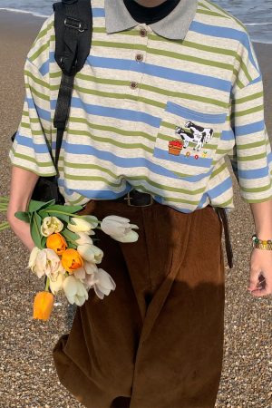 Striped Cow Embroidery Polo T-Shirt for Men and Women, Summer Loose Fit Short Sleeve Top, Vintage Style