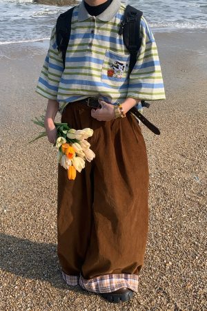 Striped Cow Embroidery Polo T-Shirt for Men and Women, Summer Loose Fit Short Sleeve Top, Vintage Style