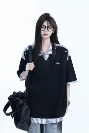Striped Henry Collar Short Sleeve T-Shirt for Women - Unique Fake Two-Piece Design, Loose Fit, Trendy Casual Style