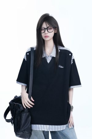 Striped Henry Collar Short Sleeve T-Shirt for Women - Unique Fake Two-Piece Design, Loose Fit, Trendy Casual Style