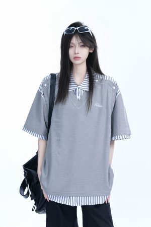Striped Henry Collar Short Sleeve T-Shirt for Women - Unique Fake Two-Piece Design, Loose Fit, Trendy Casual Style