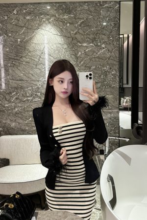 Striped Knitted Dress for Women - Autumn Strapless Slim Fit Camisole Dress, Y2K Fashion