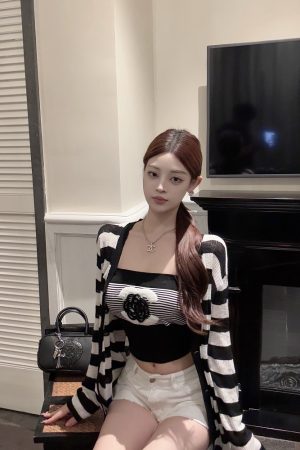 Striped Knitted Sun Protection Cardigan with Lace Design and Heavy Work â€“ Stylish Summer Layering Essential