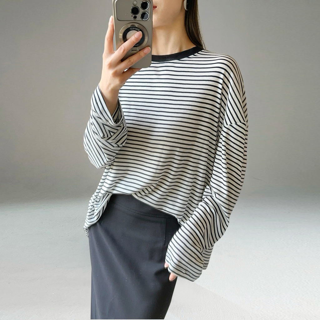 Striped Long-Sleeve Lightweight T-Shirt for Women - Summer Style, Loose-Fitting, Breathable Base Layer, Versatile Casual Top Striped Long-Sleeve Lightweight T-Shirt for Women - Summer Style, Loose-Fitting, Breathable Base Layer, Versatile Casual Top