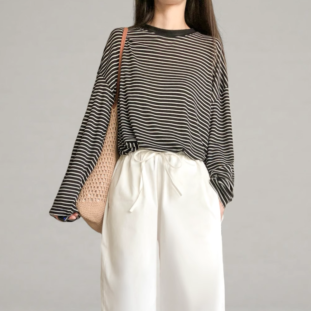 Striped Long-Sleeve Lightweight T-Shirt for Women - Summer Style, Loose-Fitting, Breathable Base Layer, Versatile Casual Top Striped Long-Sleeve Lightweight T-Shirt for Women - Summer Style, Loose-Fitting, Breathable Base Layer, Versatile Casual Top