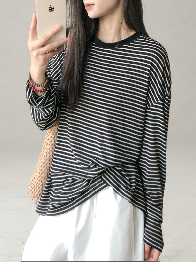 Striped Long-Sleeve Lightweight T-Shirt for Women - Summer Style, Loose-Fitting, Breathable Base Layer, Versatile Casual Top Striped Long-Sleeve Lightweight T-Shirt for Women - Summer Style, Loose-Fitting, Breathable Base Layer, Versatile Casual Top