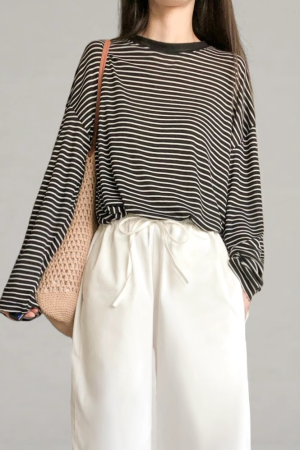 Striped Long-Sleeve Lightweight T-Shirt for Women - Summer Style, Loose-Fitting, Breathable Base Layer, Versatile Casual Top