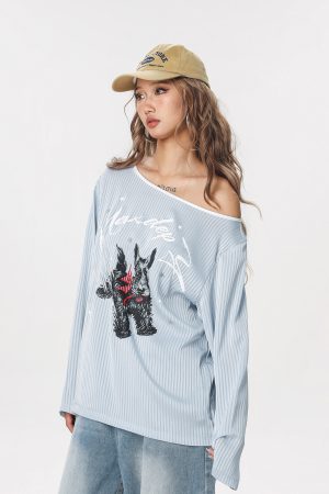 Striped Long Sleeve Off-Shoulder T-Shirt for Women - American Style Cool Thin Sun Protection Cover-Up - Trendy Hot Girl Top