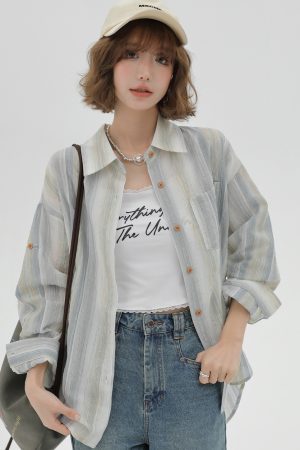 Striped Long Sleeve Shirt for Women - Color-Blocking Loose Sun-Protective Jacket Top for Spring & Autumn, Versatile Fashion Essential
