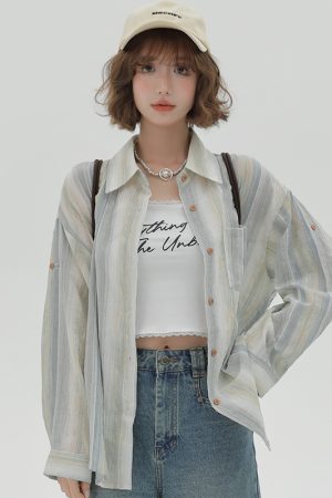 Striped Long Sleeve Shirt for Women - Color-Blocking Loose Sun-Protective Jacket Top for Spring & Autumn, Versatile Fashion Essential