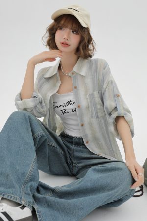 Striped Long Sleeve Shirt for Women - Color-Blocking Loose Sun-Protective Jacket Top for Spring & Autumn, Versatile Fashion Essential