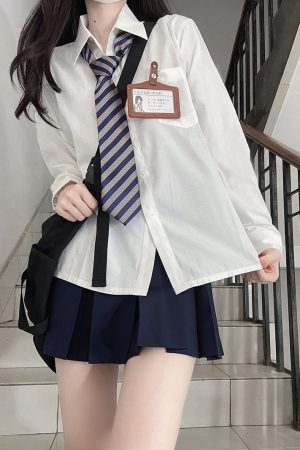 Striped Pudding Bear JK Shirt Set for Women - Short Sleeve & Long Sleeve Uniform, Blue, Summer Fashion, Kawaii Style