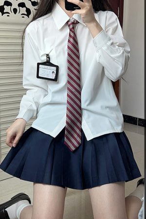 Striped Pudding Bear JK Shirt Set for Women - Short Sleeve & Long Sleeve Uniform, Blue, Summer Fashion, Kawaii Style