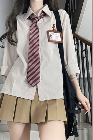 Striped Pudding Bear JK Shirt Set for Women - Short Sleeve & Long Sleeve Uniform, Blue, Summer Fashion, Kawaii Style