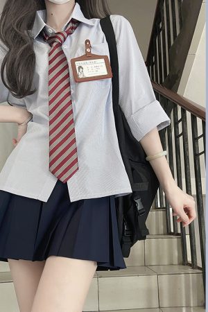 Striped Pudding Bear JK Shirt Set for Women - Short Sleeve & Long Sleeve Uniform, Blue, Summer Fashion, Kawaii Style