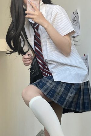 Striped Short-Sleeve Japanese College-Style White Shirt - Loose High-End Summer Top for Women - Trendy Casual Wear