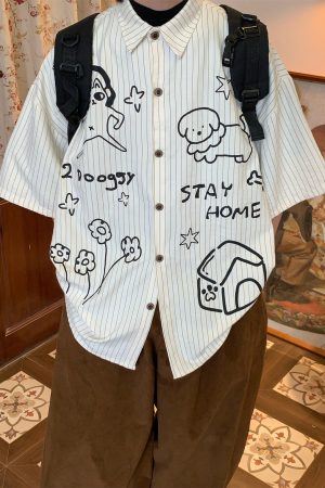 Striped Short Sleeve Shirt for Couples - Summer Loose Fit Dog Print Top - Trendy Vintage Style