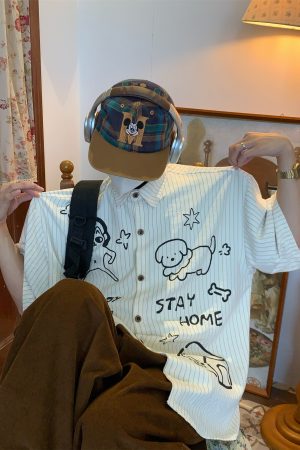 Striped Short Sleeve Shirt for Couples - Summer Loose Fit Dog Print Top - Trendy Vintage Style