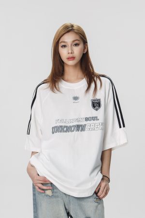 Striped Short Sleeve T-Shirt for Women - Casual American Sports Style, Loose Fit Summer Top for Couples