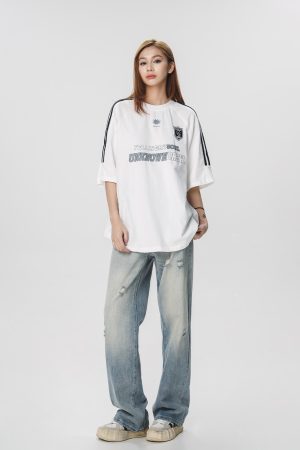 Striped Short Sleeve T-Shirt for Women - Casual American Sports Style, Loose Fit Summer Top for Couples