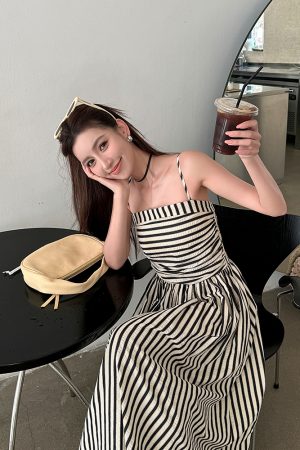 Striped Strapless Off-Shoulder Vacation Dress - Lightweight A-Line Long Dress with Black and White Vertical Stripes, Summer Style
