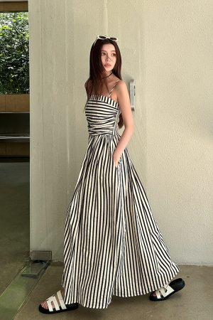 Striped Strapless Off-Shoulder Vacation Dress - Lightweight A-Line Long Dress with Black and White Vertical Stripes, Summer Style