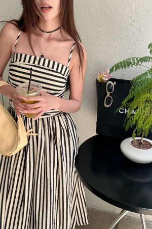 Striped Strapless Off-Shoulder Vacation Dress - Lightweight A-Line Long Dress with Black and White Vertical Stripes, Summer Style