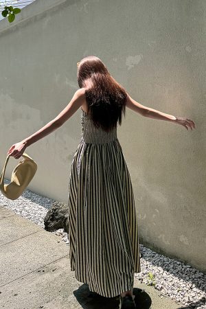 Striped Strapless Off-Shoulder Vacation Dress - Lightweight A-Line Long Dress with Black and White Vertical Stripes, Summer Style