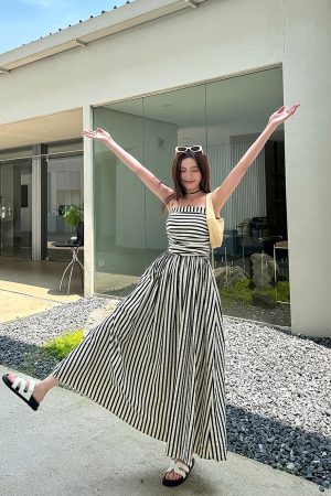 Striped Strapless Off-Shoulder Vacation Dress - Lightweight A-Line Long Dress with Black and White Vertical Stripes, Summer Style