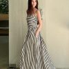 Striped Strapless Off-Shoulder Vacation Dress - Lightweight A-Line Long Dress with Black and White Vertical Stripes, Summer Style