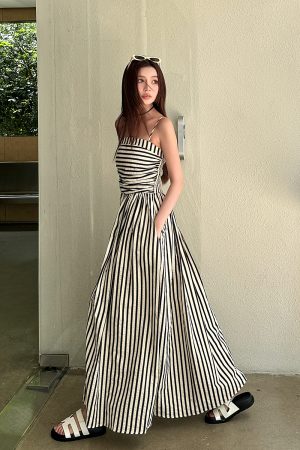 Striped Strapless Off-Shoulder Vacation Dress - Lightweight A-Line Long Dress with Black and White Vertical Stripes, Summer Style