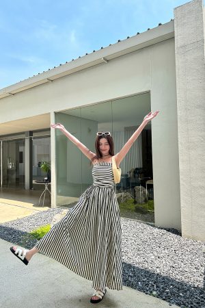 Striped Strapless Off-Shoulder Vacation Dress - Lightweight A-Line Long Dress with Black and White Vertical Stripes, Summer Style