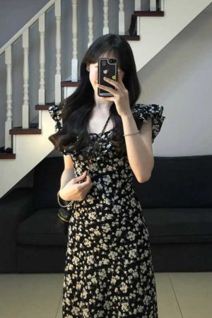 Stunning Black Floral Midi Dress with Cap Sleeves - 2025 Summer Date Night French Tea-Length Style