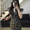 Stunning Black Floral Midi Dress with Cap Sleeves - 2025 Summer Date Night French Tea-Length Style
