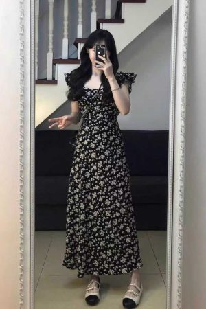 Stunning Black Floral Midi Dress with Cap Sleeves - 2025 Summer Date Night French Tea-Length Style
