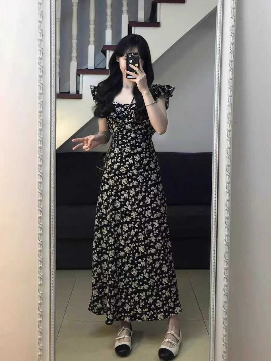 Stunning Black Floral Midi Dress with Cap Sleeves - 2025 Summer Date Night French Tea-Length Style Stunning Black Floral Midi Dress with Cap Sleeves - 2025 Summer Date Night French Tea-Length Style
