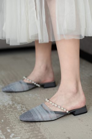 Stylish Casual Outdoor Pearl Mesh Chunky Low-Heeled Half Slippers Sandals for Women - Versatile Summer Footwear