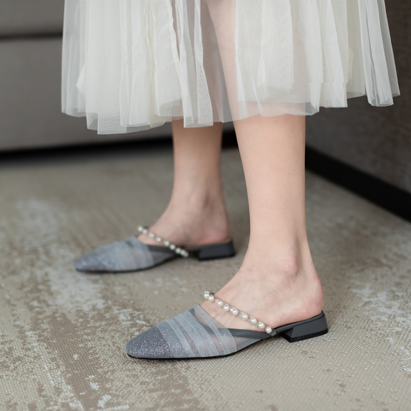 Stylish Casual Outdoor Pearl Mesh Chunky Low-Heeled Half Slippers Sandals for Women - Versatile Summer Footwear Stylish Casual Outdoor Pearl Mesh Chunky Low-Heeled Half Slippers Sandals for Women - Versatile Summer Footwear