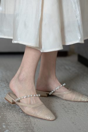 Stylish Casual Outdoor Pearl Mesh Chunky Low-Heeled Half Slippers Sandals for Women - Versatile Summer Footwear