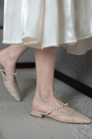 Stylish Casual Outdoor Pearl Mesh Chunky Low-Heeled Half Slippers Sandals for Women - Versatile Summer Footwear