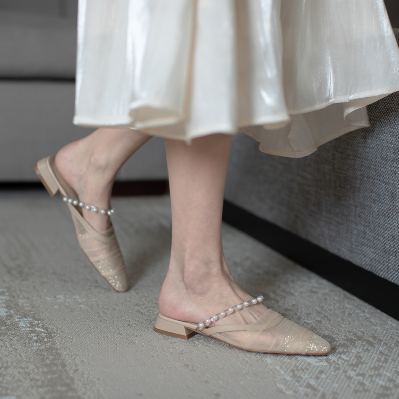 Stylish Casual Outdoor Pearl Mesh Chunky Low-Heeled Half Slippers Sandals for Women - Versatile Summer Footwear Stylish Casual Outdoor Pearl Mesh Chunky Low-Heeled Half Slippers Sandals for Women - Versatile Summer Footwear