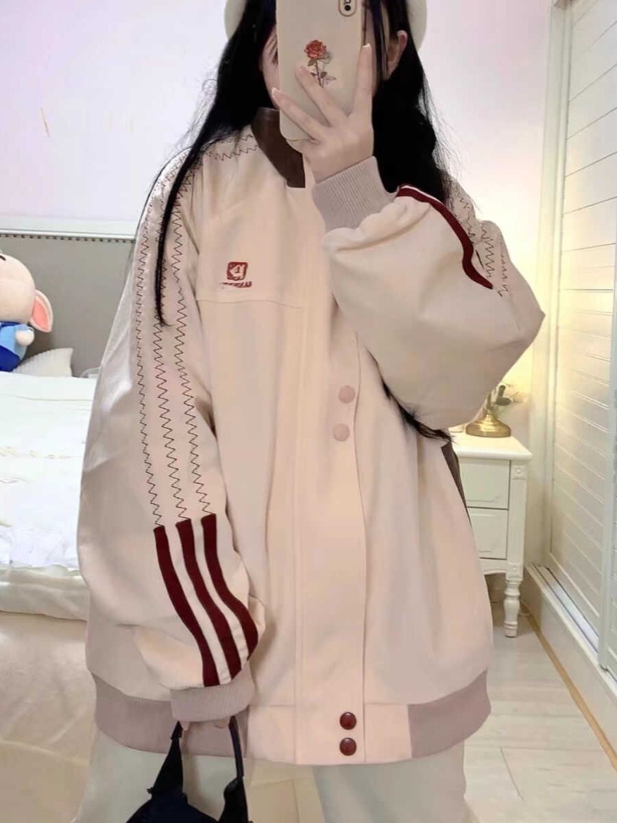 Stylish Pink Patchwork Baseball Jacket for Women - Unique Korean-Style Cardigan for Spring and Autumn Fashion Stylish Pink Patchwork Baseball Jacket for Women - Unique Korean-Style Cardigan for Spring and Autumn Fashion
