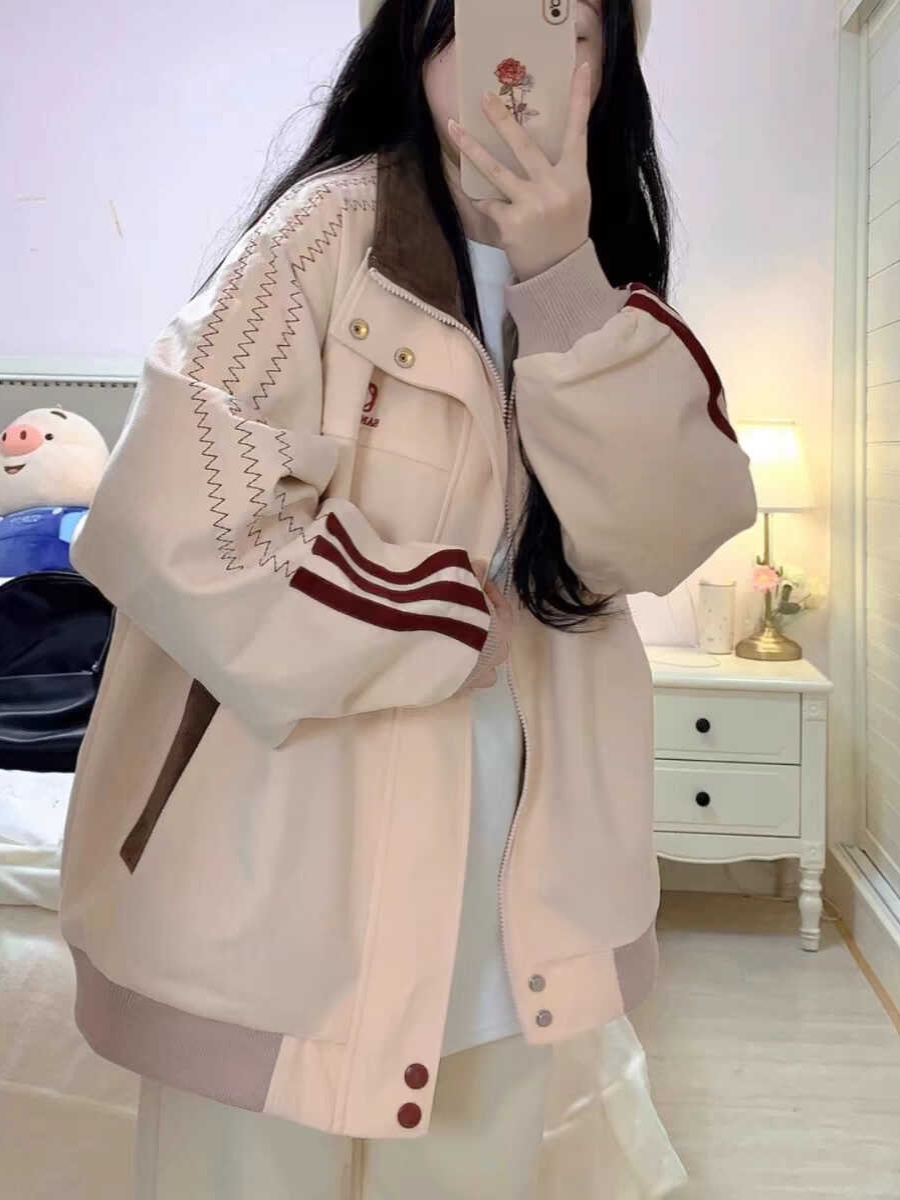 Stylish Pink Patchwork Baseball Jacket for Women - Unique Korean-Style Cardigan for Spring and Autumn Fashion Stylish Pink Patchwork Baseball Jacket for Women - Unique Korean-Style Cardigan for Spring and Autumn Fashion
