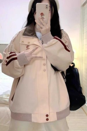 Stylish Pink Patchwork Baseball Jacket for Women - Unique Korean-Style Cardigan for Spring and Autumn Fashion