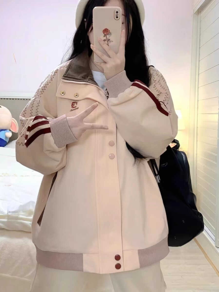 Stylish Pink Patchwork Baseball Jacket for Women - Unique Korean-Style Cardigan for Spring and Autumn Fashion Stylish Pink Patchwork Baseball Jacket for Women - Unique Korean-Style Cardigan for Spring and Autumn Fashion
