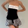 Stylish Split Lapel Strapless Top with Waist-Defined Design & Plaid Bubble Skirt - Quirky Y2K Fashion Outfit for Trendy Girls